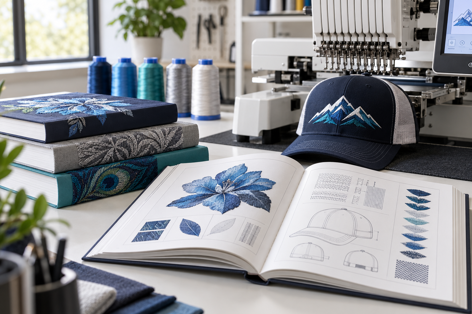 Machine embroidery reference books and an open technical manual beside a commercial machine