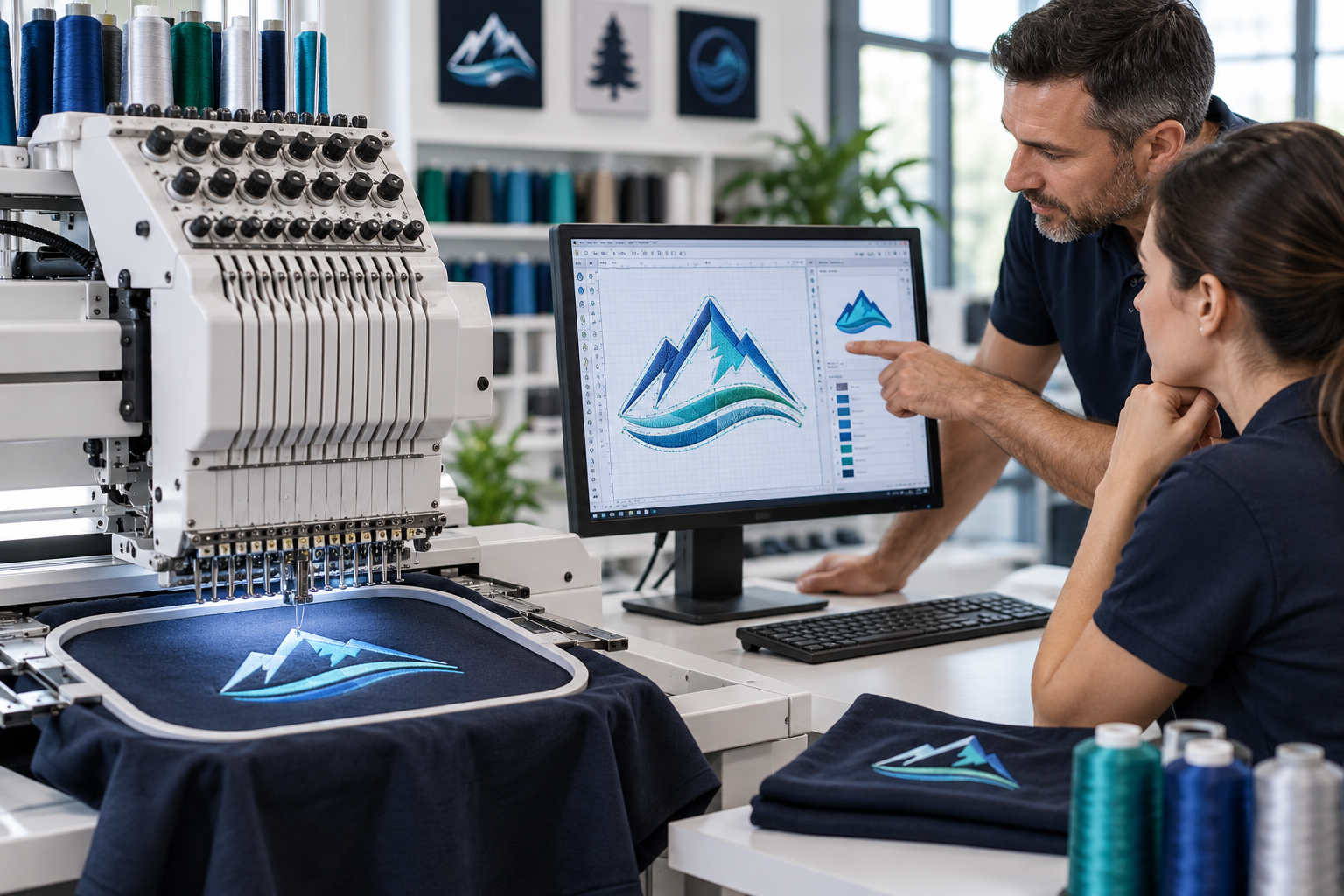 Machine embroidery instructor teaching digitizing beside a commercial embroidery machine