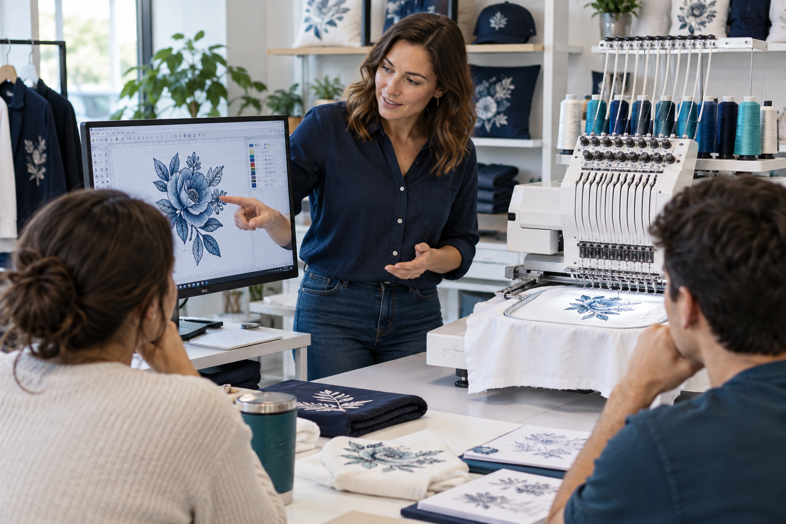 Machine embroidery educator demonstrating digitizing software to learners