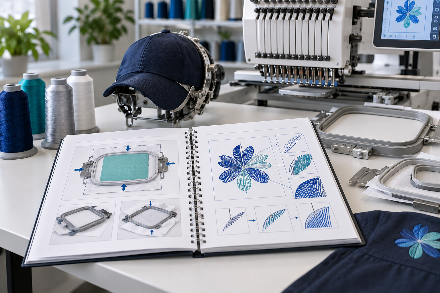 Open machine embroidery setup guide beside commercial embroidery equipment