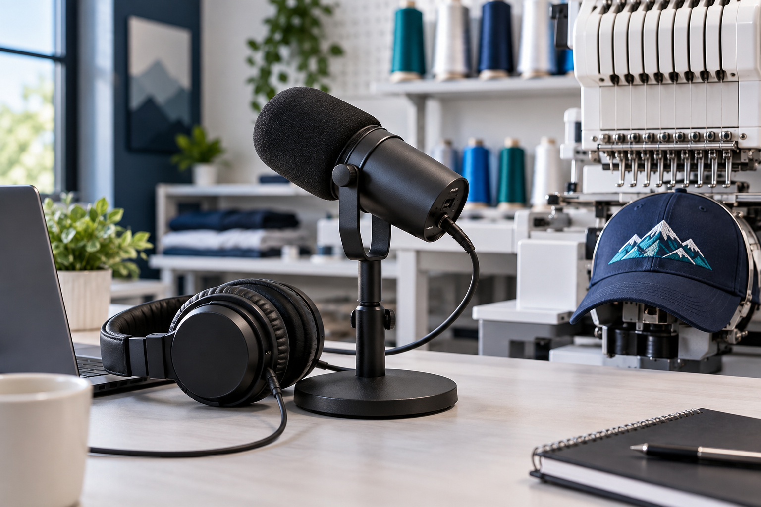 Podcast microphone and headphones in a machine embroidery studio