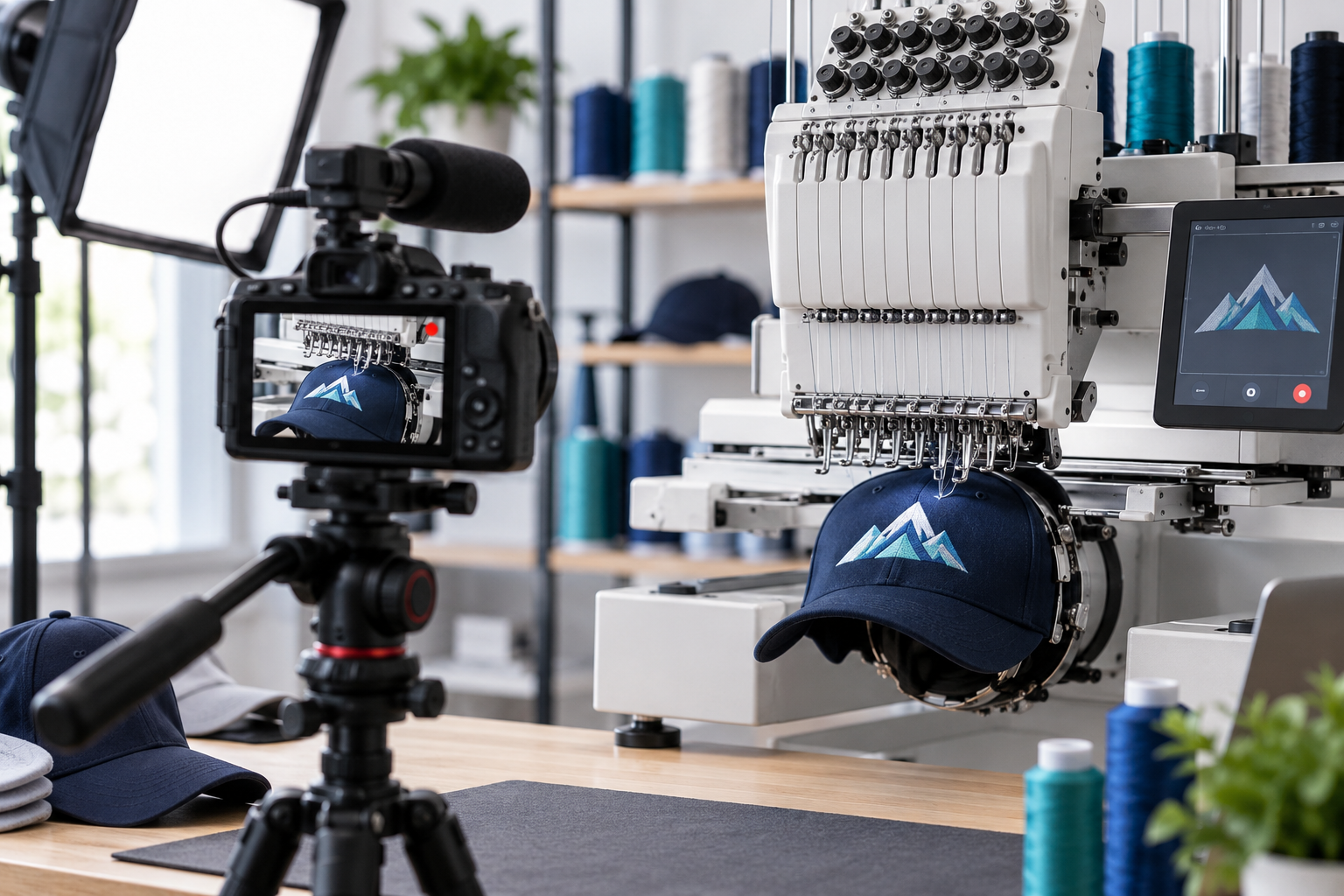 Camera filming a commercial embroidery machine stitching a cap