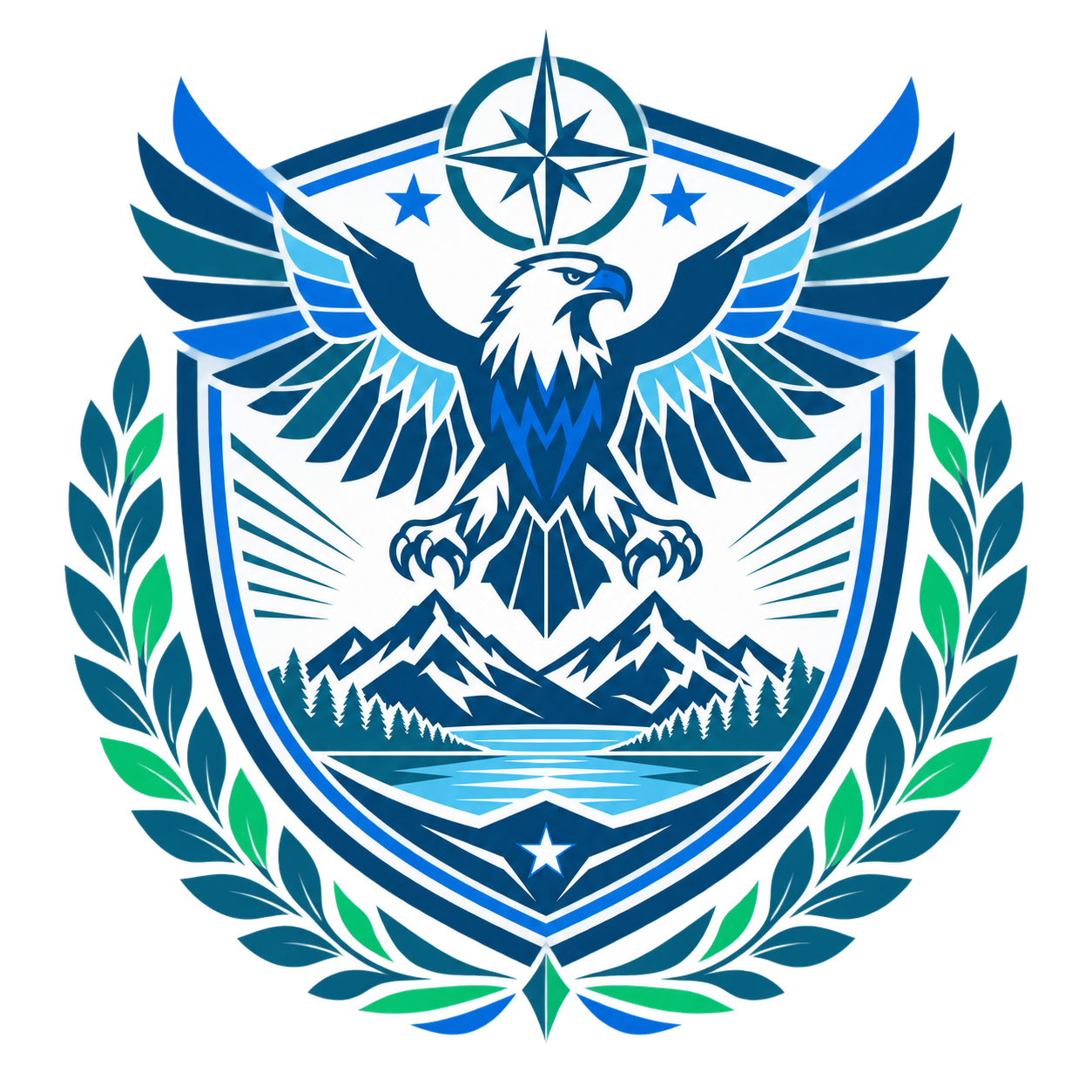 Complex flat crest artwork with an eagle, shield, mountains, compass and laurel branches before embroidery digitizing