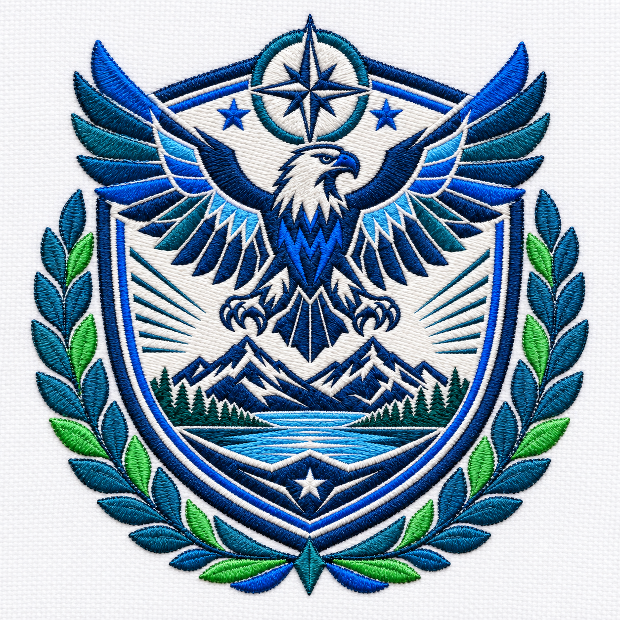 The same complex eagle crest professionally rendered as realistic machine embroidery on white fabric