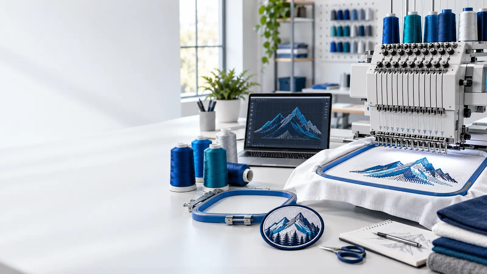 Embroidery machine, digitizing workstation, threads and finished patch in a professional studio