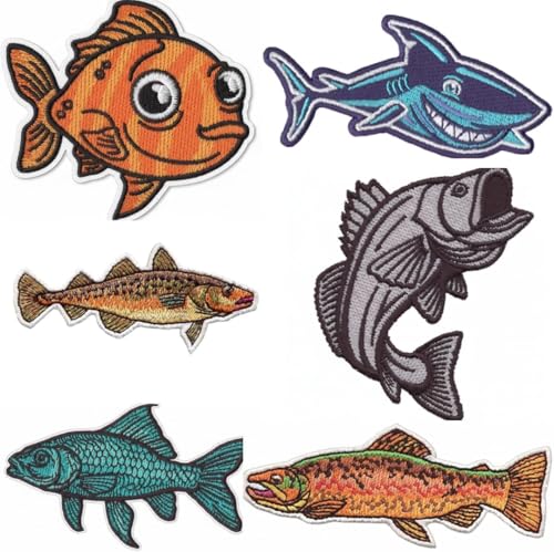 DigitEMB Fish Patches Iron On 6 Pack Colorful Embroidered Ocean Animal