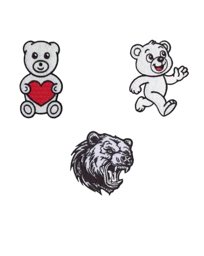 DigitEMB 3-Piece Ursine Mascot Embroidery Trio: Cute Heart Holding Cub, Happy Walking Figure and Fierce Angry Grizzly Iron-On Badges for Custom Gear